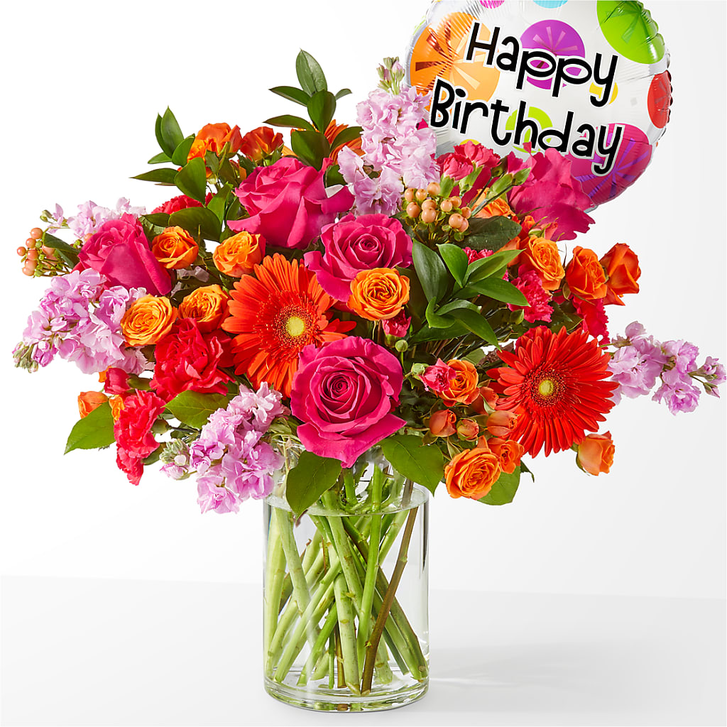 Fiesta Bouquet with Birthday Balloon – Gcg Flowers, Cary NC