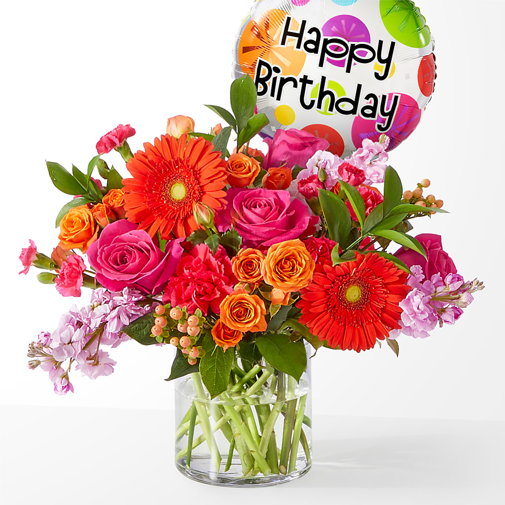 Fiesta Bouquet with Birthday Balloon – Gcg Flowers, Cary NC