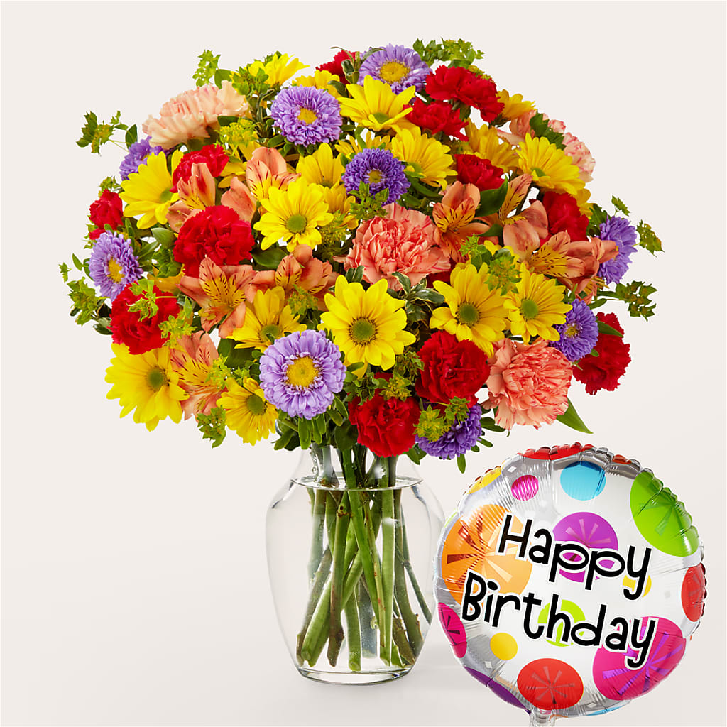 Kaleidoscope Bouquet with Birthday Balloon – Gcg Flowers, Cary NC