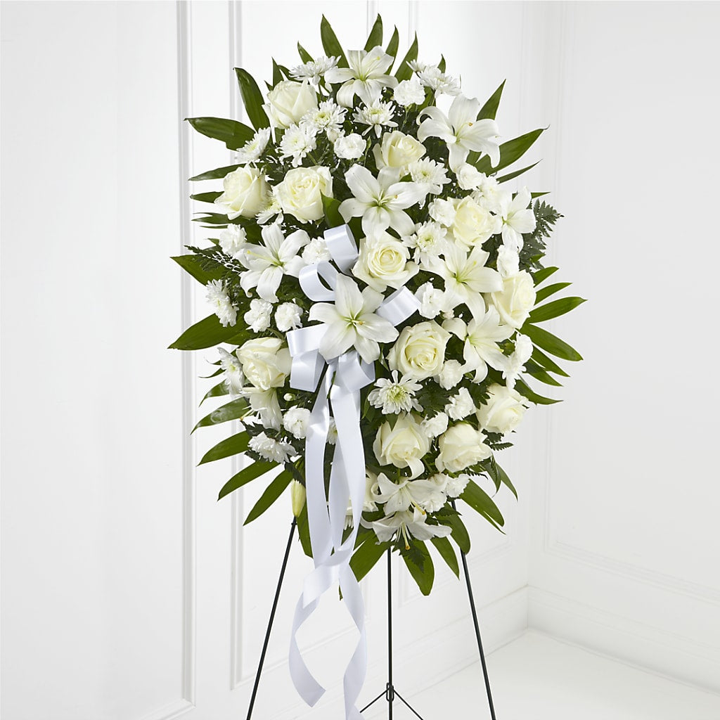 Exquisite Tribute Standing Spray-White Ribbon – Gcg Flowers, Cary NC